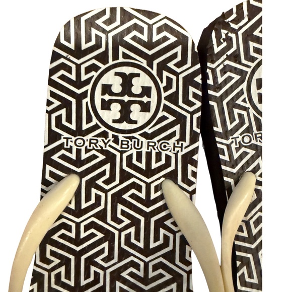Tory Burch Brown & White Patterned Flip Flops, woman size 8, worn 2x - look new - Picture 2 of 4
